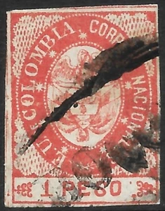COLOMBIA. 1865. 1 Peso Vermilion. Transfer Type I. SG: 38. 4 Margins. Good Used - Picture 1 of 2