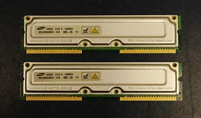 SAMSUNG 128MB / 8 nonECC PC800-45 RDRAM MR16R0828BN1-CK8 Modules Matched Pair - Image 1 of 2