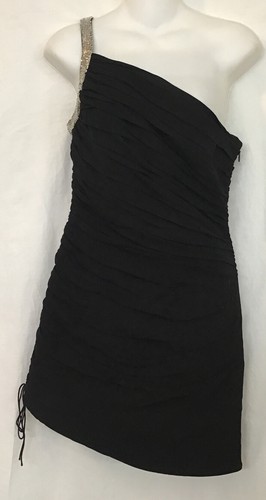 SAINT LAURENT (YSL) Abito Saint Laurent nero senza maniche 1 spalla con cinturino con perline arricciato lato taglia 38