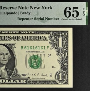 Billete de 1 dólar de la Reserva Federal 1981A PMG65EPQ buscado cumpleaños súper repetidor 61616161 - Imagen 1 de 3