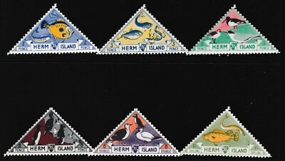 Great Britain Herm Island Series 1950s 6x Triangular Stamps Birds Fish MNH A383 - Image 1 of 4