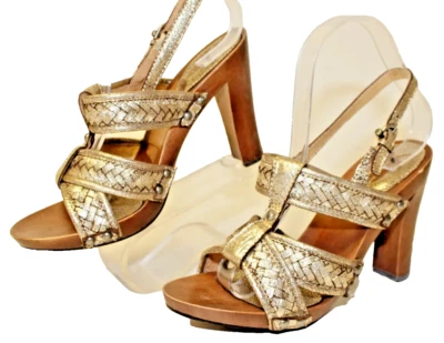 FRYE NUEVO Zapatos Dolly Cuero Tejido Talla 7.5 M Tacón Dorado Eslinga 73656 Foto 1 de 4