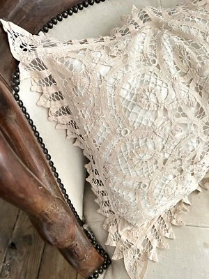 Vintage French Richelieu embroidery PILLOW COVER ivory tone c 1950 - Image 1 of 4