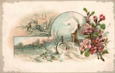 1880s-90s Trade Card Winter Homestead Scene Lion Coffee Mocha Java Woolson Spice - Image 1 of 2
