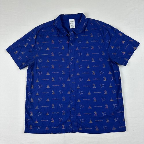 Disney World 50th Anniversary Mens Shirt L Blue Sleeve Button all over