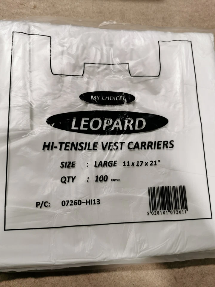 White Plastic Vest Carrier Bags 11x17x21 Leopard x 200