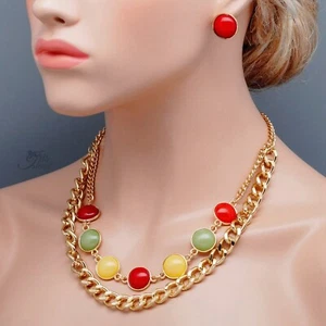 Women Candy Multicolor Button Necklace Earrings Jewelry Set Fashion Jewelry 0252 - Picture 1 of 5