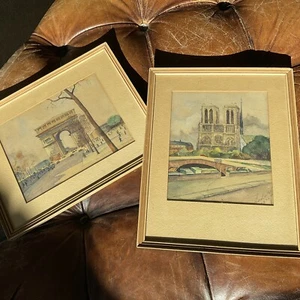 VTG france 1946 Pair of artist signed watercolor/gouache Paintings 13.5x10.75 - Picture 1 of 8
