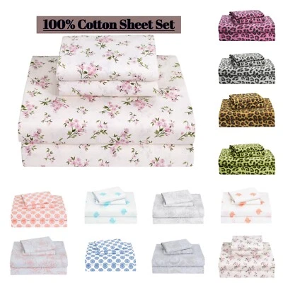 4-Piece Bed Sheet Set 100% Cotton Flat Fitted Sheets queen sheet set deep pocket - Image 1 of 4