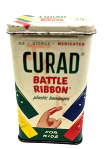 Vintage Curad Tin Box Battle Ribbon Plastic Bandages for Kids hinged - Picture 1 of 7