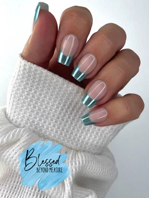 Red Aspen Press On Nails~Blue Skies Ahead, Bebop Medium Coffin Chrome French - Image 1 of 4