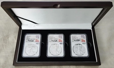 2021 Silver Eagle T-2 Early Releases 3-Coin Set NGC Mike Castle Hand Signed ACE - Image 1 of 4