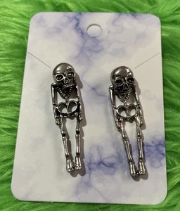 Silver Skeleton Earrings. Unique, Party, Cute, Festive, Shiny, Halloween - Picture 1 of 4