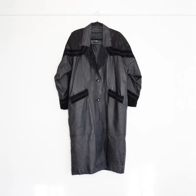 Maxi abrigo plumero vintage de cuero combinado | Paisley Western Boho negro | XL Foto 1 de 4