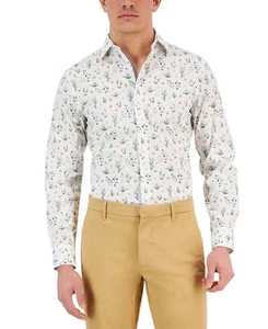 Bar III Men's Slim-Fit Cactus-Print Dress Shirt White Olive-Small 14-14.5 - Picture 1 of 5