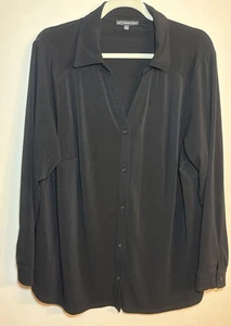 Adrianna Papell collared long sleeve button front knit moss crepe shirt BLACK 2X - Picture 1 of 7