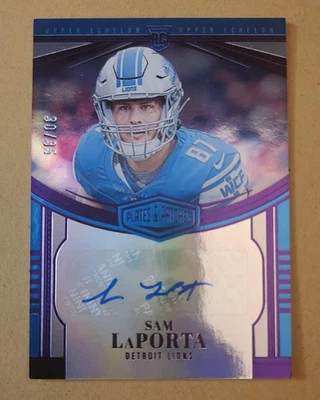 Sam LaPorta 2023 Panini Plates & Patches Upper Echelon AUTO RC Purple #d 30/35 - Image 1 of 2