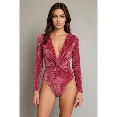 Crushed Velvet Bodysuit Womens S Pink Plunging Deep V Twisted Playboy Bunny - Image 1 of 4