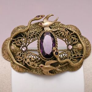 Paste Glass Large Sash Brooch Pin Antique Victorian Swallow Bird Snake Amethyst