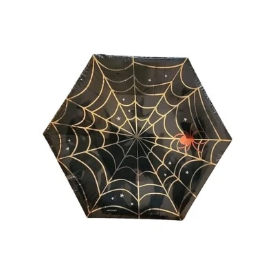 Halloween Dessert Plates 8ct Foil Hexagon Spider With Web 7" Spooky - Image 1 of 4