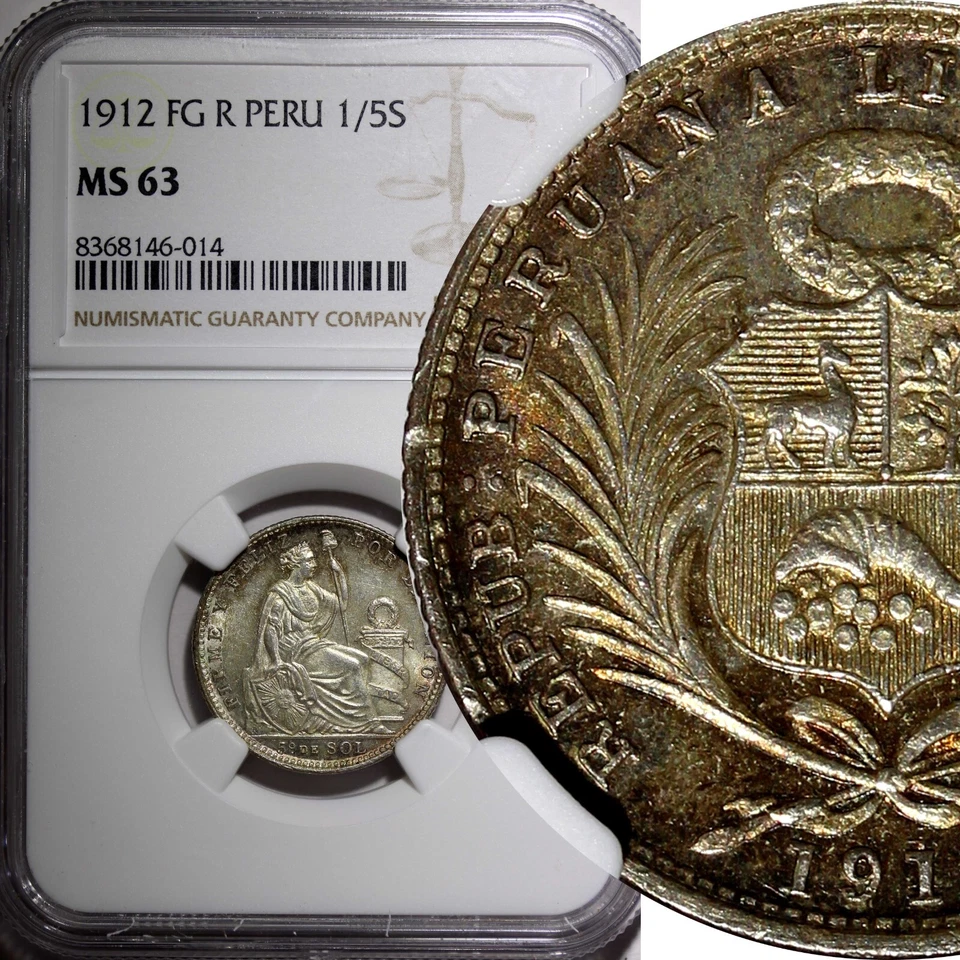 PERU Silver 1912 FG R 1/5 Sol NGC MS63 Mintage-300,000 Nice Toned KM# 205.2 (4) - Image 1 of 4