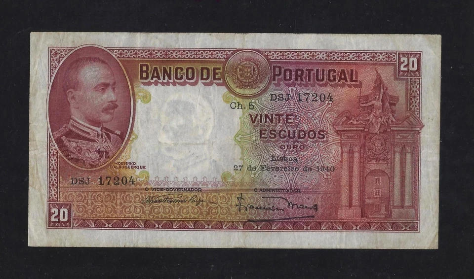 PORTUGAL Portuguese 20 Escudos 1940 P-143 VF - Image 1 of 2