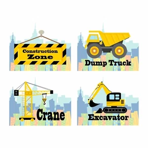 Boy Kid's Bedroom Art: CONSTRUCTION ZONE TRUCKS - Set of four 8" by 10" prints. - Picture 1 of 5