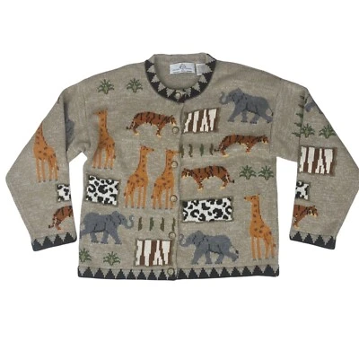 Suéter feminino Design Options Philip & Jane Gordon Button animais africanos tamanho M - Imagem 1 de 4
