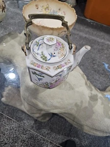 Vintage Japanese Porcelain OCTAGON Teapot PINK Floral BLUE Birds BRASS Handle - Picture 1 of 6