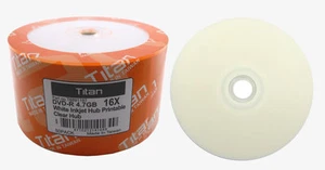 100 Titan Brand 16X White Inkjet HUB Printable DVD-R DVDR Disc 4.7GB - Picture 1 of 3