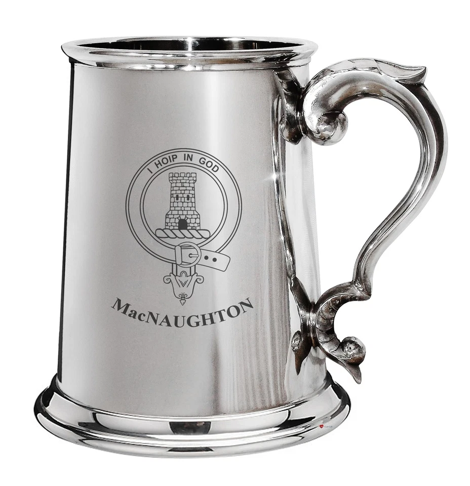 MacNaughton Family Crest Polished Pewter 1 Pint Tankard with Scroll handle - Image 1 of 1