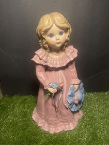 Figurine of a Young Victorian Girl Blonde Hair Pink Victorian Dress Blue Hat - Picture 1 of 7