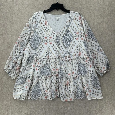 EST 1946 Top 22/24W White Floral Peplum Peasant Cottagecore Boho Tiered Chiffon - Image 1 of 4