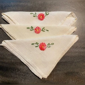 Vintage 3er Set Servietten rosa Blumen bestickt Leinen 10" quadratisch - Bild 1 von 3