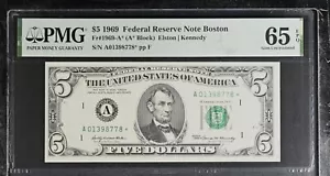 1969 $5 Federal Reserve Note Fr-1969-A* Boston PMG65 Gem EPQ - Picture 1 of 2