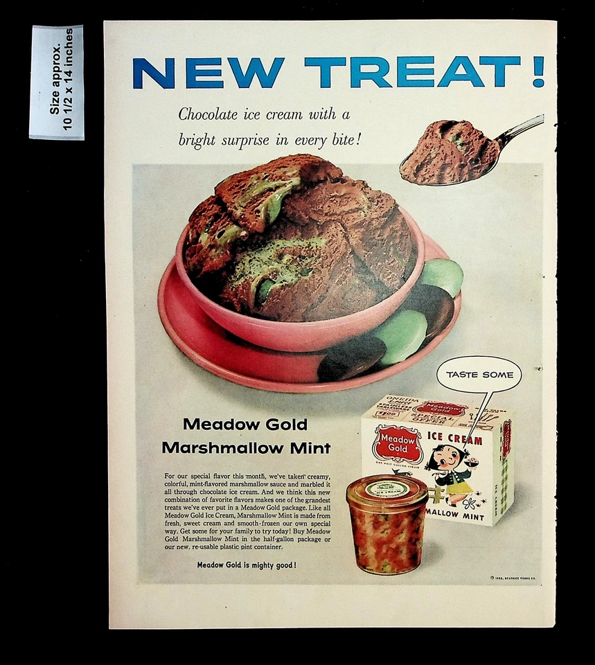 Meadow Gold Marshmallow 1955 menta chocolate helado anuncio impreso vintage 33755 Foto 1 de 1