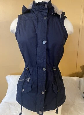  Chaleco para mujer YMI Collection azul marino con bolsillos con capucha y ribete de piel talla M  Foto 1 de 4
