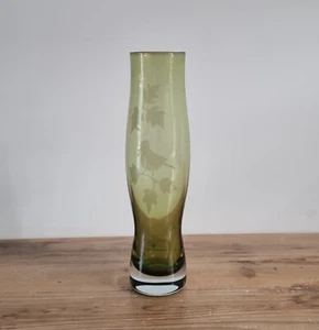 Vintage Caithness Glass Vase Etched With Bird On Branch Green 25cms Tall - Picture 1 of 5