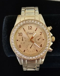 NWT Vivani Gold Tone Cuff/Bangle Watch Crystal Bezel Faux Chrono 6"-7" Running - Picture 1 of 4