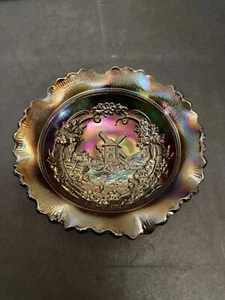 Vintage Imperial Windmill Blue Carnival Glass Bowl Ruffled Rim - Picture 1 of 6