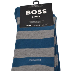 Hugo Boss 2 pack Men's Teal Blue Gray Stiped Finest Cotton Socks  One Size 7-13