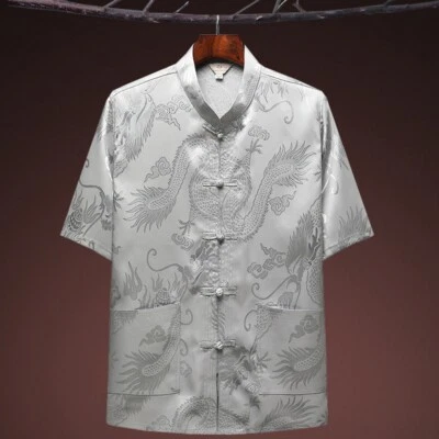 Men Retro Chinese Satin Top Shirt Dragon Print Short Sleeve Frog Button Kung Fu - Image 1 of 4