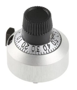 Vishay 15-TURNS DIAL POTENTIOMETER KNOB 22.2x22.2mm, 6.35mm Shaft, Chrome/Black - Picture 1 of 4