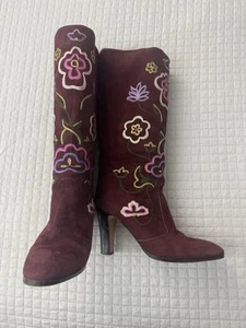 SEBASTIAN of Milan Vintage Suede burgundy Floral EMBROIDERED Knee Boots Size 38 - Picture 1 of 8