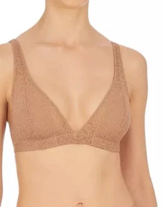 Natori Pretty Smooth beige lace bralette triangle soft cup buff V-neck large - Picture 1 of 8