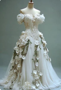 Medieval Vintage Wedding Dresses Off-the-shoulder Applique Tulle Bridal Gowns - Picture 1 of 5