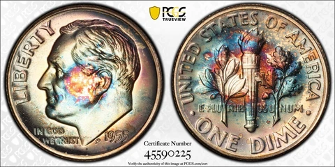 PR67 1955 10C Roosevelt Silver Proof Dime, PCGS Secure- Pretty Rainbow Toned Cover