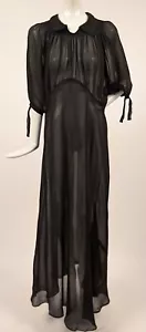 1930’S SHEER BLACK SILK CHIFFON DRESS W PUFF SLEEVES W TIES + FINE RUCHING - Picture 1 of 8