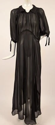 1930’S SHEER BLACK SILK CHIFFON DRESS W PUFF SLEEVES W TIES + FINE RUCHING - Image 1 of 4