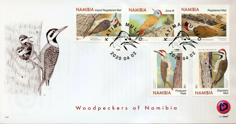 Namibia Birds on Stamps 2020 FDC Woodpeckers Cardinal Woodpecker 5v Set - Image 1 of 1
